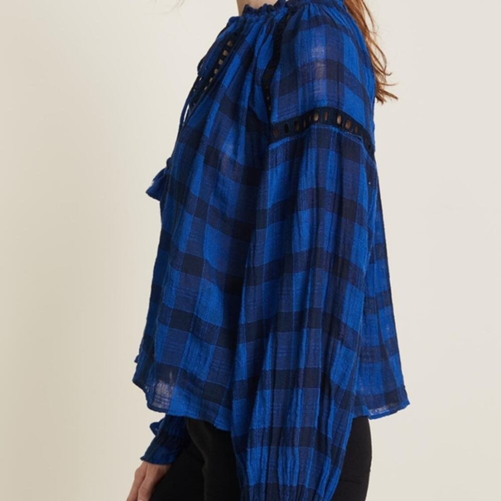 Free People Honey Grove Plaid Top Gauze Bell Sleeve Pleated Blouse in Black Blue - Picture 4 of 10